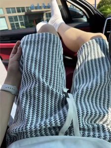 Quần Short Dệt Kim Nam Mùa Hè Sọc Đen Trắng Thiết Kế Quần Thể Thao Thường Ngày Năm Điểm Quần Dài Đến Đầu Gối Cạp Vừa