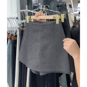 plus Size Grey Versatile Woolen Skirt Pants High Waist Thickened Spring Autumn Loose A-Line Mini Skirt for Women