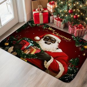 Thảm Chùi Chân Ông Già Noel Màu Đen VIKAMA Quà Tặng Giáng Sinh Ngày Lễ Nền Đỏ Thảm Polyester Chống Thấm Nước Để Sử Dụng Trong Nhà