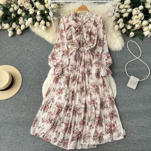 Spring 2023 French Style V-neck Long Sleeve Floral Print Waist-cinching Fresh Style Womens Gored Skirt Dress Mid-length A-line