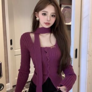 GUZILIAN | Slimming Knitwear Square Collar Base Shirt With Sash Korean Style Winter Long Sleeve Short Length Pear Shape Body Fit Type