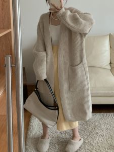 Spring Autumn Cashmere Knitwear V-Neck Long Sleeve Loose Pure Color Coat Thickened Mid-Length Over-Knee Open Cardigan for Women