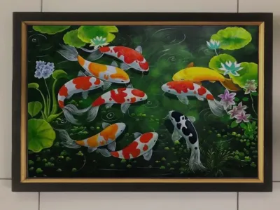 Hiasan dinding cetak gambar lukisan ikan koi plus bingkai ukuran 35x52cm
