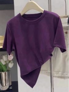 Elegant Short Sleeve T-Shirt Womens Summer Fashionable Korean Style Slim Fit Pure Color round Neck Top Shoulder Length
