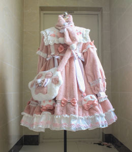 LucyAndLory Lolita Winter Dress เสื้อผ้าเด็กผู้หญิงสไตล์ญี่ปุ่น แขนยาว หนา ขนแมว คอโปโล ชุดเด็กผู้หญิง ชุดเด็กผู้หญิง