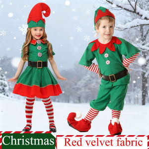 Christmas Elf Costume for Kids Green Velvet with Red Decor Festive Family Matching Outfit Winter Party Dress with Stockings