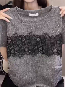 BINKAFENNY | Plus Size Womens T-Shirt Lace Patchwork Short Sleeve Grey Rhinestone Trim Korean Style Loose Fit Summer Top For Apple Shaped