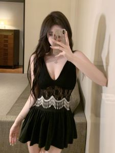 GUZILIAN | Váy ngắn dây cổ chữ V gợi cảm kiểu Pháp Thiết kế váy ngắn tua rua thanh lịch cho nữ mùa hè Váy ngắn không tay cao cấp