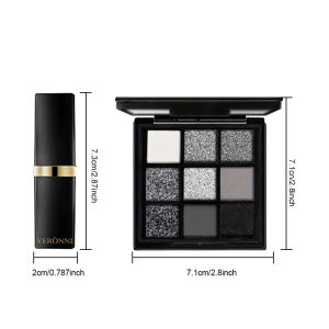 2pcs Set Dark Style Eyeshadow Palette Makeup Set with Diamond Black Lipstick Long-lasting Waterproof Black Smoky Gothic Style