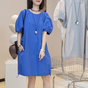 French Style Blue Summer Dress Womens Loose Bubble Sleeve Drawstring Design Sensation Slimming A-Line Skirt Casual Wear