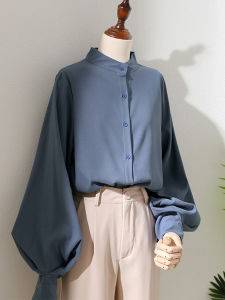 Spring & Fall New Lantern Sleeve White Shirt Womens Long-Sleeved Brushed Tops K-style Light Duty Hong Kong Style Elegant Stand Collar Shirt