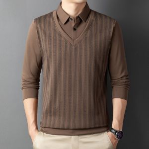 ROMON | Lormen Mens Casual Long Sleeve Polo Shirt Autumn New Style Collared Base Layer Top Dad Clothes Polyester Spandex Blend