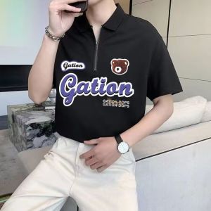 Áo Thun Polo in Chữ Tay Ngắn Mùa Hè 2024 Thời Trang Nam Phong Cách Hàn Quốc Rộng Rãi Đa Năng Chất Liệu Polyester