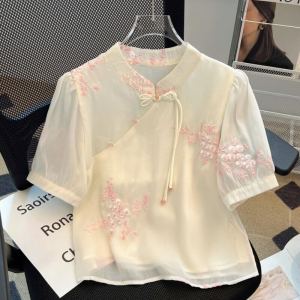 Áo Sơ Mi Voan Tay Ngắn Cổ Đứng Thêu Mới Cho Nữ Mùa Hè Phong Cách Trung Hoa Cổ Điển Áo Sơ Mi Nữ Thời Trang Thường Ngày