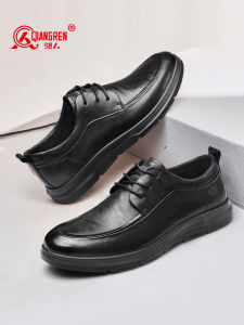 Business Casual Thick Bottom Leather Shoes for Men Spring Autumn Wear Breathable Lace up round Toe Flat Heel Fashionable Single Shoes