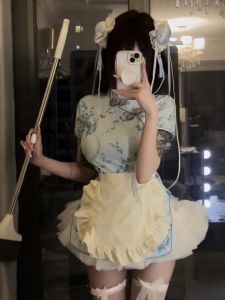 Halloween Cosplay Cheongsam Dress Chinese Maid Apron Two-Piece Set Short Sleeve Daily Wear Ethnic Style Cheongsam Gown