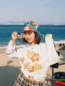 American Style Thin Sun-Protective Floral Print Long Sleeve T-Shirt for Women Loose Fit Daily Style Thin Section Crewneck