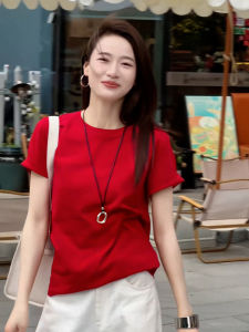 Basic Red round Neck Short Sleeve Pure Cotton T-Shirt Womens Fashionable American Summer Top Straight Cut Korean Style