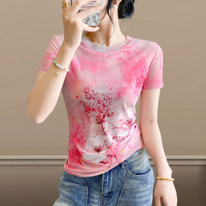 YIMEI เสื้อยืดผู้หญิงแขนสั้นผ้าตาข่ายยุโรปเสื้อแฟชั่นแขนสั้นพิมพ์ลายแฟชั่นเสื้อตัวเล็กเสื้อขนาดพลัสสวยสง่า