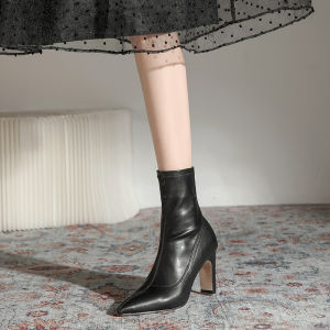 Fall Winter Short Boots Womens High Heel Slim Fit Pointed Toe Elastic Bandage Boots Versatile Mid-Calf Single Boot Black