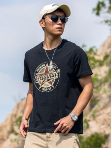 HESSION | Black Cotton Vintage American Print Mens T-shirt Short Sleeve Round Neck