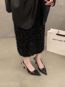 Black High-Heeled Leather Pointed High-Heeled Sandals 2025 New Fashion High Heel Single Shoe for Women