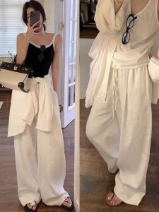 Quần Ống Rộng Vải Lanh Lụa Trắng Cho Nữ Mùa Thu Thường Ngày Mỏng Rộng Rãi Phong Cách Hàn Quốc Cạp Cao Màu Trơn