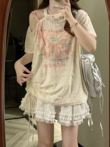 Summer New Design Loose Womens T-shirt Shoulder Print Drawstring Short Sleeve Korean Style Casual Fashion Top for Commuting