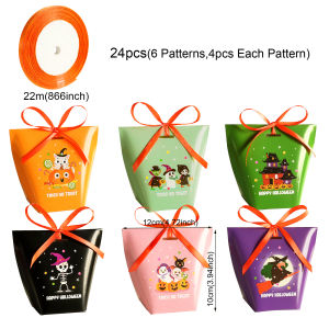 24Sets Halloween Treat Boxes with Ribbon Trick or Treat Sweet Paper Bags Pumpkin Ghost Party Favor Bags Gift Packing Supplies