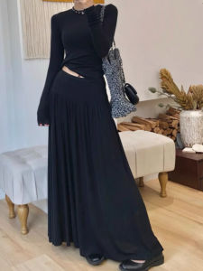 2023 Mới Mùa Thu Bộ Áo Thun Nữ Tay Dài Và Cao Cấp Nửa Váy Chất Liệu Cotton Phong Cách Retro 2 Bộ