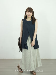 Áo Không Tay Cổ Tròn LADYXIEXIE6/13 Có Chi Tiết Thắt Lưng Và Dây Buộc Thiết Kế Mở Phía Trước Phong Cách Hàn Quốc Chất Liệu Cotton Và Viscose