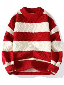 ROMON | Romon Mens Knitted Sweater Winter Collection Red Round Neck Tassel Fashionable City Style Long Sleeve Casual Loose Fit