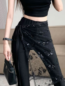 Black Weila Suit Pants for Women Spring & Fall Stylish Mesh Lace-up Foldable High-Waisted Trousers Drape Split Mop Pants