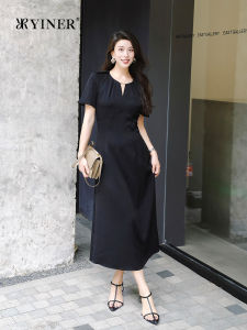 YINER | V-Neck Slimming Triacetate-Blend A-Line Black Dress