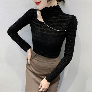 เสื้อเชิ้ตคอสูงแบบโปร่งผ้าลูกไม้แขนยาวสำหรับผู้หญิง เสื้อเชิ้ตทรงเข้ารูปฤดูใบไม้ร่วง/ฤดูหนาว เสื้อเชิ้ตคอปกสูงแบบโปร่งใส เสื้อเชิ้ตคอกลม