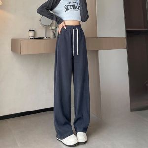 YAMIANNV | Deep Grey High Waist Wide Leg Sports Pants Womens Casual Banana Straight Cut Trousers Autumn New Style Street Fashion