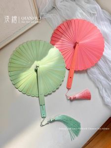 Handmade round Full Bamboo Fan Foldable Portable Summer Green Color Traditional Chinese Style Retro Fan for Outdoor Use