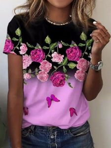 Printed round Neck Short Sleeve T-shirt Plant Print round Neck Short Sleeve T-shirt for Women