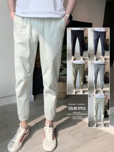 Mens Summer Thin Casual Pants Nine-Tenths Length Eight-Sixths Sporty Slim Fit Trousers Elastic Waist Quick Dry Cotton Blend