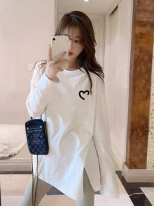 Loose Long Sleeve Womens T-shirt Pure Mid-Length Slit White Spring Autumn Winter Base Shirt Inner Wear Trendy round Neck Print