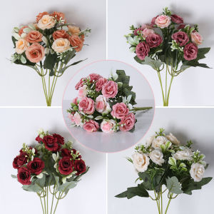 Artificial Rose Bouquet 9 Heads Fake Silk Flowers Wedding Party Home Decor DIY Floral Arrangement Faux Roses for Vase Brida