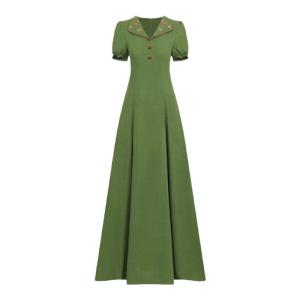 SUSIEYUAN | New Chinese Style Green Dress Womens Fashion Summer 2025 High Waist Short Sleeve V-Neck A-Line Skirt Elegant Long Dress