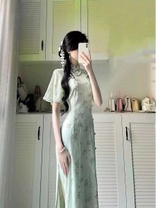 Republic of China Style Elegant Fancy Improved Girl Cheongsam Dress for Women Summer Retro Waist-Controlled Green New Chinese Style Dress