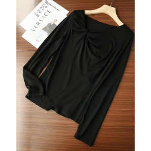 XiaoHanGe Ruche Design Silk Blend Asymmetrical Twist Knot Top Long Sleeve Soft Cotton Linen Womens Commute Style Shirt