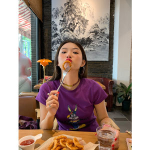 Lolo Jie Short Sleeve Womens T-Shirt Summer New Design Cartoon Anime Print Slimming Effect Korean Style Straight Cut Cotton Blend