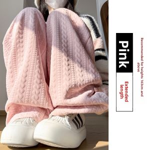 NIANDAIJINGDIAN | Pink Fleece Wide Leg Pants for Women Autumn Winter High Waist Drapey Slimming Casual Straight Leg