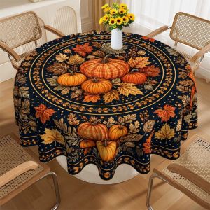 VIKAMA Fall Pumpkin Round Tablecloth Navy Autumn Maple Leaf Harvest Thanksgiving Rustic Farmhouse Round Table Cover Kitchen