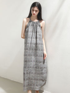 Miccbeirn | Retro Pure Hanflax Print Halter Dress Sweet Butterfly Knot Vacation Long Neck Hanging A-Line Skirt Loose Fit Summer Casual