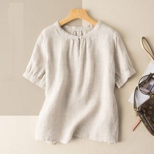 Plus Size Loose Fitting Casual Cotton Hemp Short Sleeve Shirt
