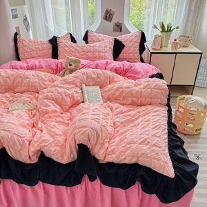 2025 New Korean Style Princess Cotton Bed Skirt Quilt Cover Sheet Set Romantic French Black Lace Pure Cotton Duvet Cover